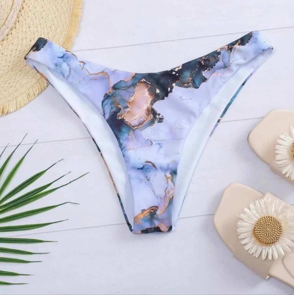 NWOT SHEIN Blue Tie Dye Marbled High Cut Bikini Bottom L